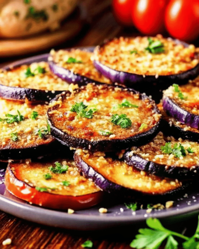 Close-up of Crispy Oven Baked Eggplant rounds with a crunchy breadcrumb and Parmesan coating.