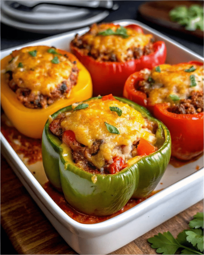 Colorful baked bell peppers stuffed with juicy steak, caramelized onions, mushrooms, and melted provolone cheese