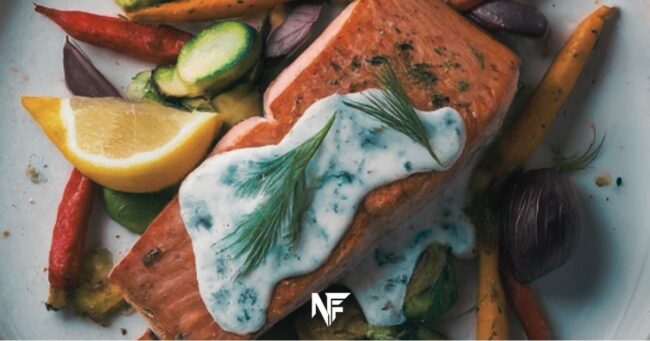 Salmon with Roasted Vegetables and Lemon-Dill Sauce