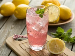 Glass of pink salt trick recipe with lemon and Himalayan pink salt on a table