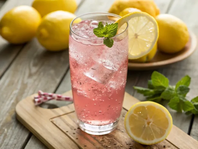 Glass of pink salt trick recipe with lemon and Himalayan pink salt on a table