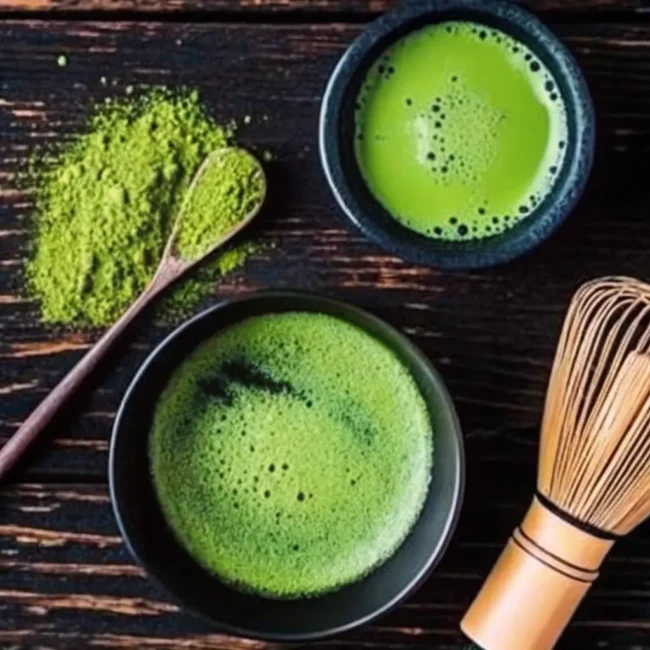 Ingredients for Japanese Mounjaro Tea: matcha powder, umeboshi plum paste, fresh ginger, and dried kombu.