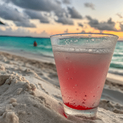 A refreshing glass of Pink Salt Trick drink, featuring a light pink hue, garnished with a slice of lemon, and surrounded by pink Himalayan salt crystals.