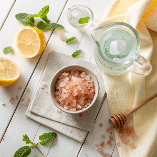 Flat-lay of salt and ice weight loss drink ingredients: pink Himalayan salt, crushed ice, cold water, lemon, honey, and apple cider vinegar on a whitewashed table with mint leaves.  
