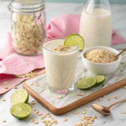 Oatzempic diet drink in a glass, made with oats, water, and fresh fruit, served on a wooden table.