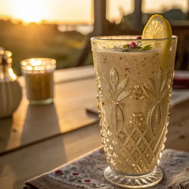 Oatzempic drink in a glass with a straw, showcasing its creamy texture.