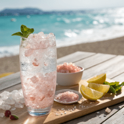 A refreshing salt and ice weight loss drink in a tall glass with crushed ice, pink Himalayan salt, and a lemon wedge, set against a beach backdrop.