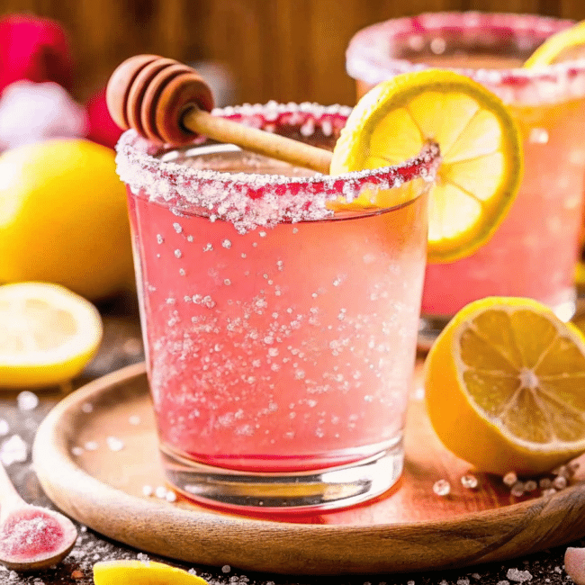 Healthy pink salt weight loss drink with lemon slices and Himalayan salt crystals in a clear glass  