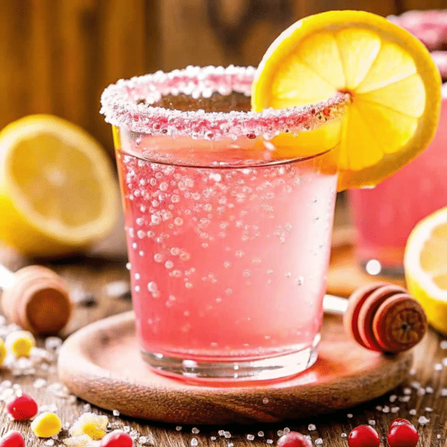 Glass of pink salt weight loss drink with lemon, apple cider vinegar, and Himalayan pink salt on a wooden table