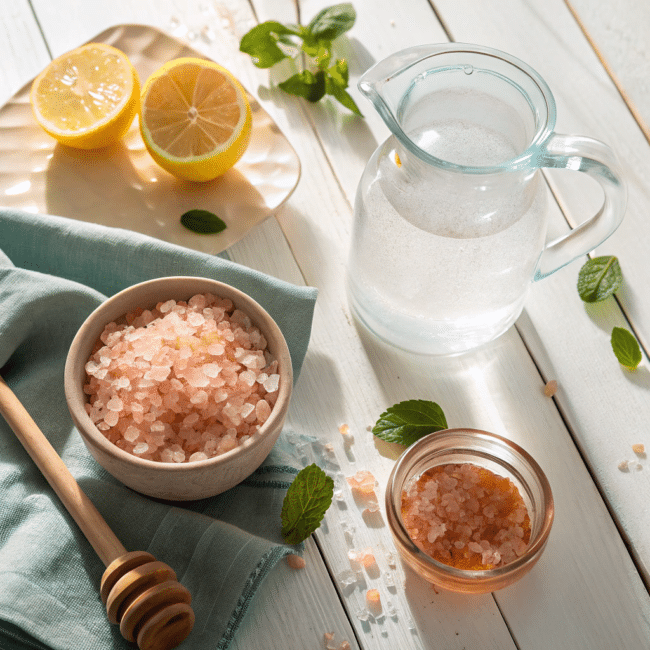 Pink Salt Hack Recipe ingredients arranged on a table: pink Himalayan salt, cold filtered water, crushed ice, lemon, raw honey, and apple cider vinegar.   