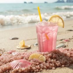 Glass of homemade pink salt Mounjaro drink with lemon and pink Himalayan salt.