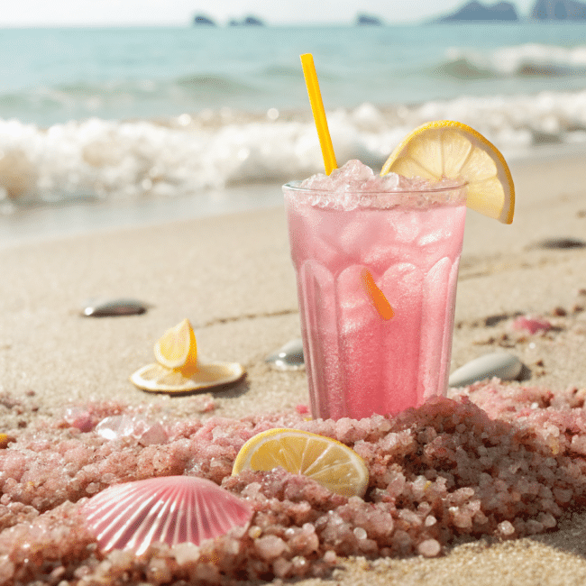 Glass of homemade pink salt Mounjaro drink with lemon and pink Himalayan salt.