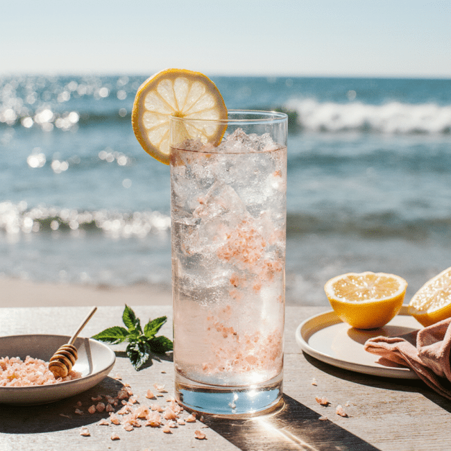 Tall glass of pink salt hack drink with crushed ice, lemon wedge, and visible pink Himalayan salt, set on a sunny beachside table with ocean waves in the background.