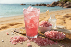A refreshing pink drink with ice, garnished with a lemon slice, sits on a wooden table. Fresh lemons and mint leaves are visible in the background.
