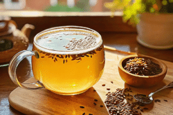 A cup of bariatric seed tea made with cumin, fennel, and ajwain, surrounded by the ingredients used in the recipe.