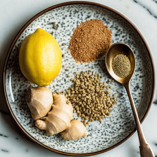 Ingredients for bariatric seed tea, including cumin seeds, fennel seeds, ajwain seeds, and water.