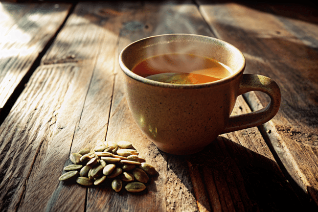 Bariatric pumpkin seed tea in a glass mug with cumin, fennel, ajwain, and pumpkin seeds on a wooden table.