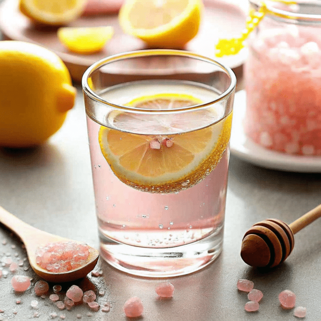 Glass of Pink Salt Lemon Water with fresh lemon slices and pink Himalayan salt on a wooden surface