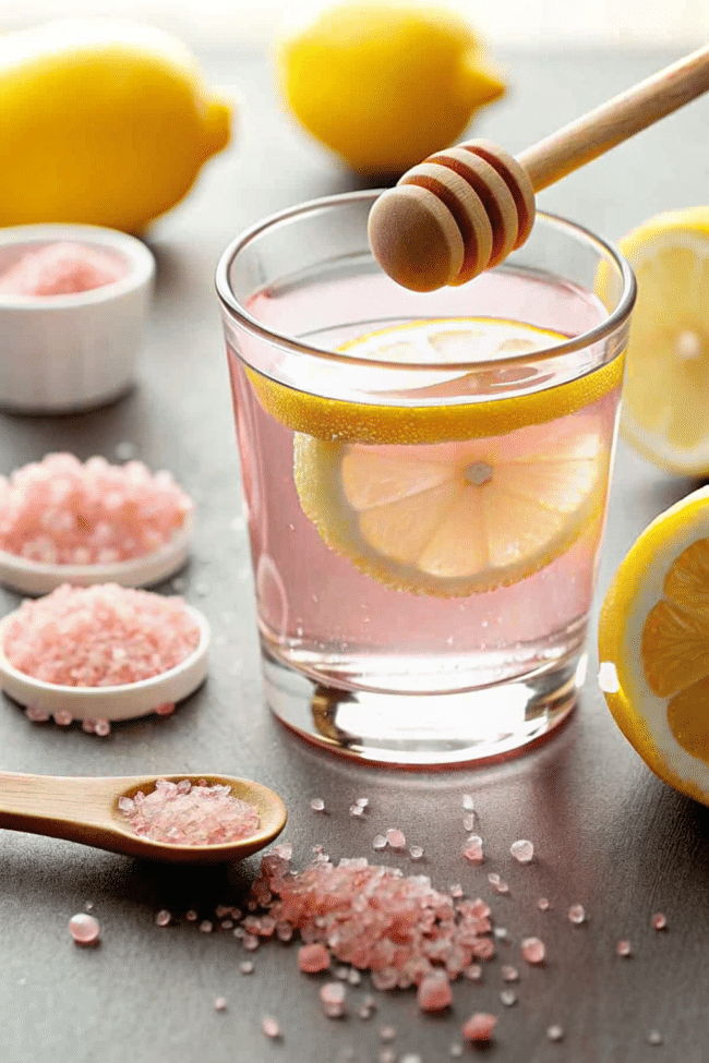Morning ritual drink of Pink Salt Lemon Water in a clear glass with lemon halves beside it